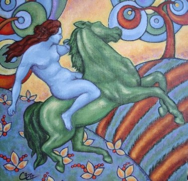 Painting titled "La jument verte de…" by Céline Excoffon, Original Artwork