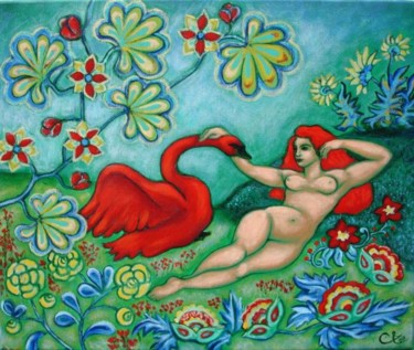 Painting titled "Léda au jardin" by Céline Excoffon, Original Artwork, Oil