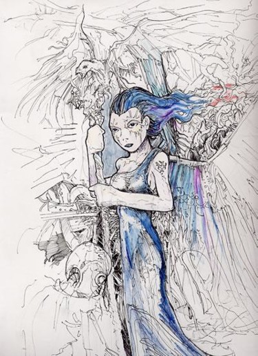 Drawing titled "Blue girl with robo…" by Ed Snook, Original Artwork, Ink