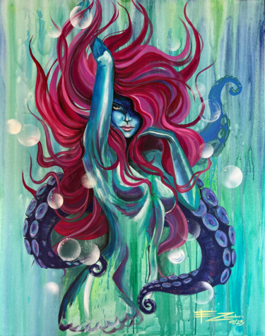 绘画 标题为“The little mermaid” 由Ekaterina Zavodun, 原创艺术品, 丙烯 安装在木质担架架上
