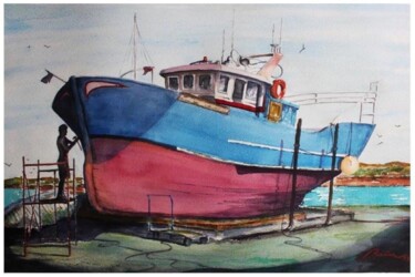 Painting titled "Boat Repair" by Fevzi Balan, Original Artwork, Watercolor