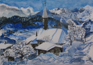 Painting titled "Village dans les Al…" by Francis Bocquet, Original Artwork, Watercolor