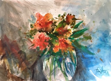 Картина под названием "fleurs dans un vase" - Francis Bocquet, Подлинное произведение искусства, Акварель
