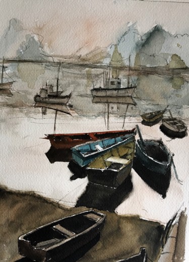 Pintura intitulada "Brume et barques" por Francis Bocquet, Obras de arte originais, Aquarela