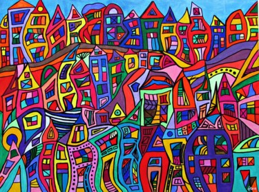 Malerei mit dem Titel "Bunte Großstadt" von Eva Fazakas, Original-Kunstwerk, Acryl