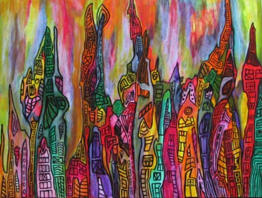 Malerei mit dem Titel "Bunte Stadtviertel" von Eva Fazakas, Original-Kunstwerk, Acryl