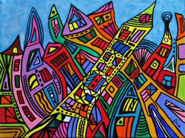 Malerei mit dem Titel "In der Stadt" von Eva Fazakas, Original-Kunstwerk, Acryl