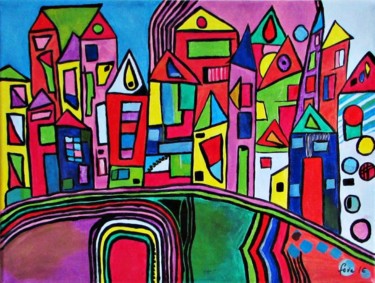 Malerei mit dem Titel "Stadtansicht" von Eva Fazakas, Original-Kunstwerk, Acryl