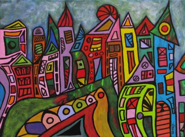 Painting titled "Stadt am Abend" by Eva Fazakas, Original Artwork, Acrylic