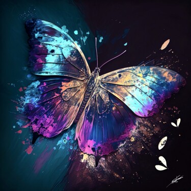 Painting titled "Papillon V3" by F-Font Dit "Fly", Original Artwork, Digital Painting Mounted on Wood Stretcher frame