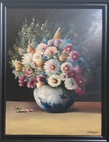 Schilderij getiteld "Fantasie Florale" door F. St Georges, Origineel Kunstwerk, Olie Gemonteerd op Houten paneel
