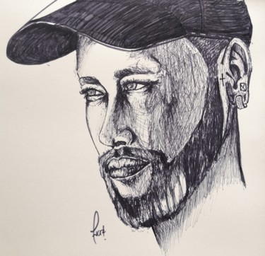 Drawing titled "Neymar Portrait" by El Maestro, Original Artwork, Ballpoint pen