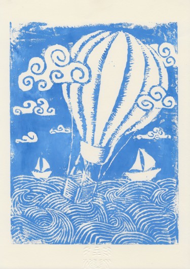 Incisioni, stampe intitolato "Hot Air Balloon" da Fab Nut, Opera d'arte originale, Incisioni su linoleum