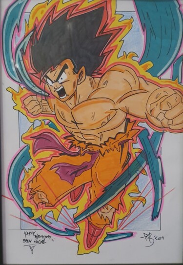 Dessin intitulée "Goku red fury" par Faban El, Œuvre d'art originale, Acrylique