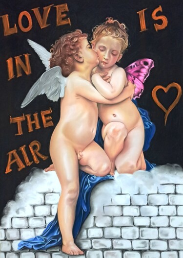 Malerei mit dem Titel "Amorini" von Fabiana Crecco, Original-Kunstwerk, Pastell Auf Holzplatte montiert