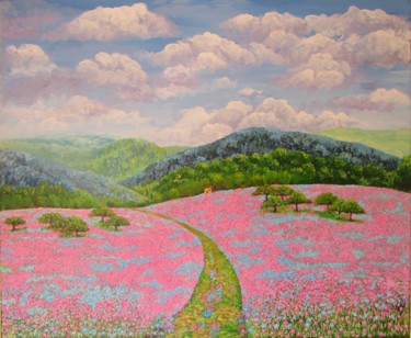 Painting titled "Camino entre las fl…" by Fabiana Iglesias, Original Artwork, Acrylic Mounted on Wood Stretcher frame