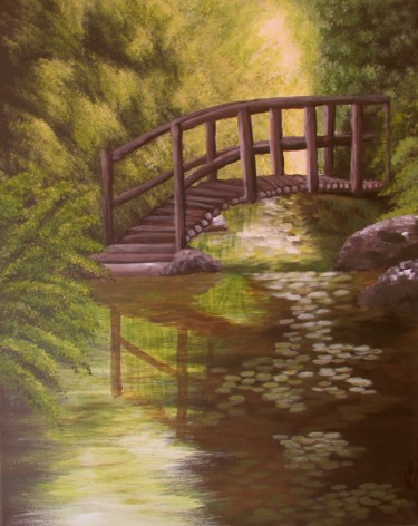 Painting titled "Puente en el bosque" by Fabiana Iglesias, Original Artwork, Acrylic Mounted on Wood Stretcher frame