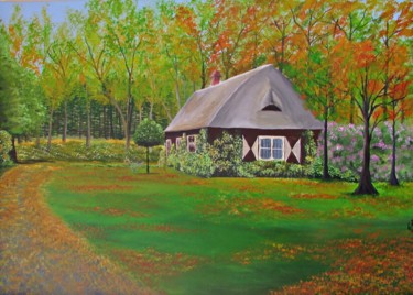 Painting titled "La casa del bosque…" by Fabiana Iglesias, Original Artwork, Acrylic Mounted on Wood Stretcher frame