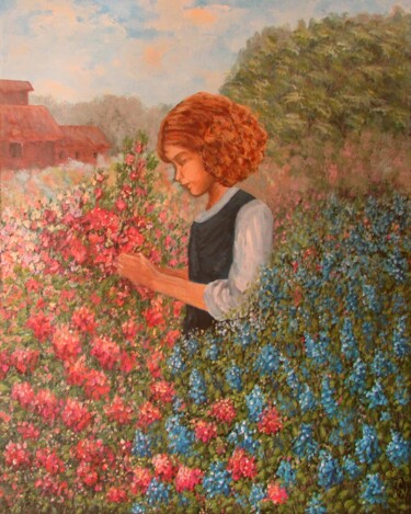 Peinture intitulée "Niña entre las flor…" par Fabiana Iglesias, Œuvre d'art originale, Acrylique Monté sur Châssis en bois