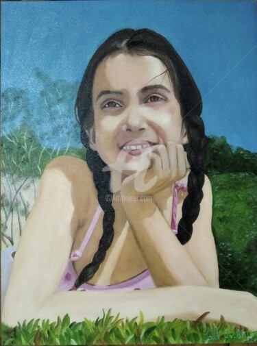 Painting titled "Retrato Nani" by Fabiane De Souza Morais, Original Artwork, Ink Mounted on Wood Panel