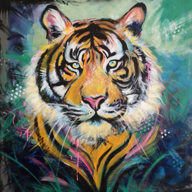 Painting titled "Tigre" by Fabiane, Original Artwork, Acrylic Mounted on Wood Stretcher frame