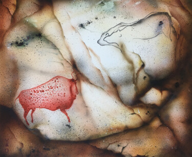 Peinture intitulée "Bison et lionnes /…" par Fabien Dreuil, Œuvre d'art originale, Aérographe