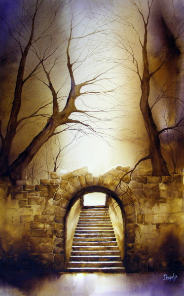 Painting titled "The old entry" by Fabien Petillion, Original Artwork, Watercolor
