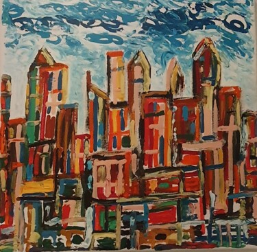 Peinture intitulée "La ville 2" par Fabien Réau, Œuvre d'art originale, Huile Monté sur Châssis en bois