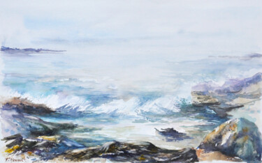 Painting titled "Les vagues" by Fabien Renault, Original Artwork, Watercolor