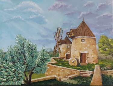 Painting titled "Moulins de Régusse" by Fabien Roger (RFabien), Original Artwork, Oil