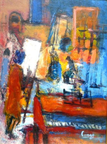 Painting titled "Piano with blue bac…" by Fabien Cango, Original Artwork, Oil