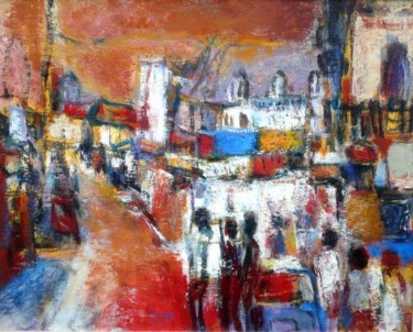 Painting titled "red street scene" by Fabien Cango, Original Artwork, Oil