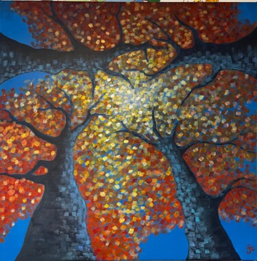 Painting titled "soleil d'automne" by Fabienne Choyau, Original Artwork, Acrylic Mounted on Wood Stretcher frame