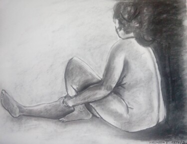 Drawing titled "Pose Assise" by Fabienne Haumont, Original Artwork, Charcoal