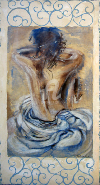 Ζωγραφική με τίτλο "DOS BLEU DRAPÉ" από Fabienne Martin, Αυθεντικά έργα τέχνης, Τέμπερα