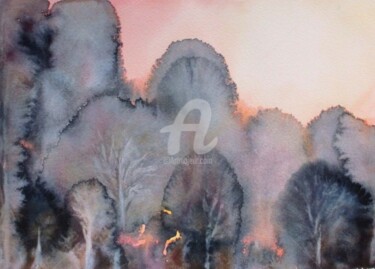 Peinture intitulée "Forêt stylisée n°3…" par Fabienne Monestier, Œuvre d'art originale, Aquarelle