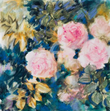 Painting titled "Roses d'automne" by Fabienne Monestier, Original Artwork, Acrylic Mounted on Wood Stretcher frame