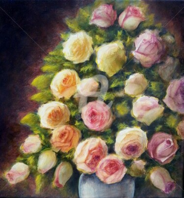 Peinture intitulée "Bouquet de roses" par Fabienne Monestier, Œuvre d'art originale, Aquarelle Monté sur Châssis en bois