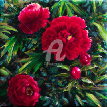 Painting titled "Pivoines rouges" by Fabienne Monestier, Original Artwork, Acrylic Mounted on Wood Stretcher frame