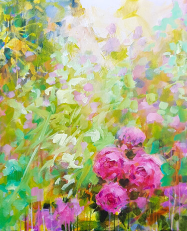 Painting titled "Les roses au jardin" by Fabienne Monestier, Original Artwork, Acrylic Mounted on Wood Stretcher frame