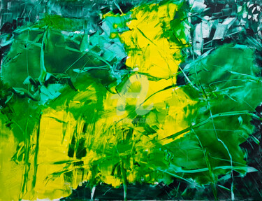 Painting titled "Abstrait en jaune e…" by Fabienne Monestier, Original Artwork, Oil Mounted on Wood Stretcher frame