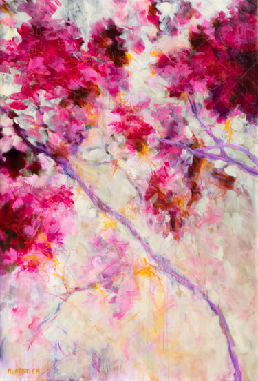 Pintura intitulada "Floral en rose et r…" por Fabienne Monestier, Obras de arte originais, Acrílico Montado em Armação em ma…