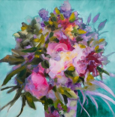 Painting titled "Bouquet rose sur fo…" by Fabienne Monestier, Original Artwork, Oil Mounted on Wood Stretcher frame