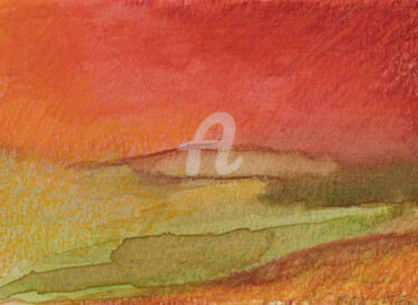 Malerei mit dem Titel "Paysage vert au cie…" von Fabienne Monestier, Original-Kunstwerk, Aquarell Auf Karton montiert