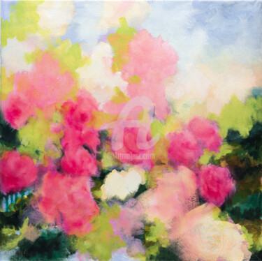 Painting titled "Les roses roses au…" by Fabienne Monestier, Original Artwork, Oil Mounted on Wood Stretcher frame