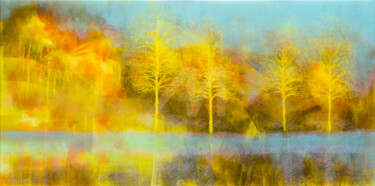 Painting titled "Les arbres jaunes" by Fabienne Monestier, Original Artwork, Acrylic Mounted on Wood Stretcher frame