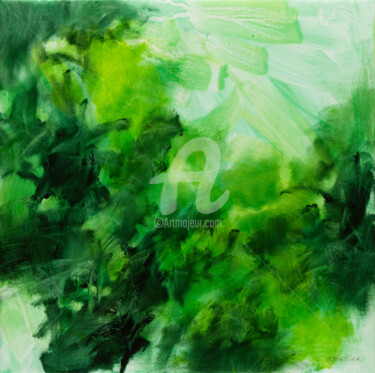 Painting titled "Abstrait en vert" by Fabienne Monestier, Original Artwork, Oil Mounted on Wood Stretcher frame