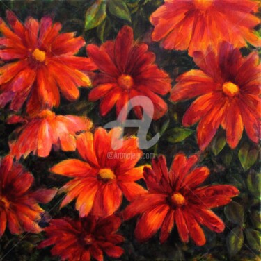 Painting titled "Les fleurs rouges" by Fabienne Monestier, Original Artwork, Acrylic Mounted on Wood Stretcher frame