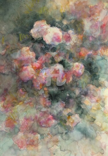 Pintura intitulada "Les roses anciennes" por Fabienne Monestier, Obras de arte originais, Aquarela