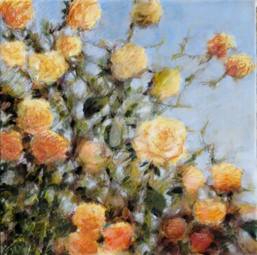 Painting titled "Les roses jaunes" by Fabienne Monestier, Original Artwork, Acrylic Mounted on Wood Stretcher frame